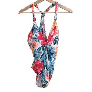 NWT Time and Tru Floral Halter One Piece Swimsuit Large 12-14) Beach Resortwear